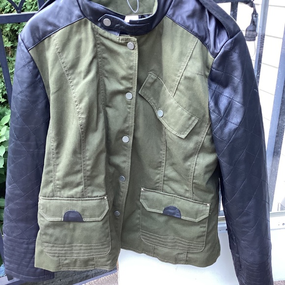 ❤️🇬🇧BNNT CELTIC & CO REAL” leather/cotton biker jacket. US12. UK16. Khaki/blk - Picture 2 of 14